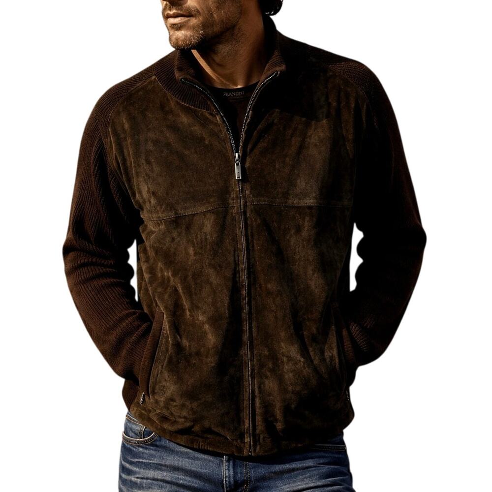 Brandini Men XL Expresso Brown Suede Leather Jacket Rib Knit Sleeves Trim Casual